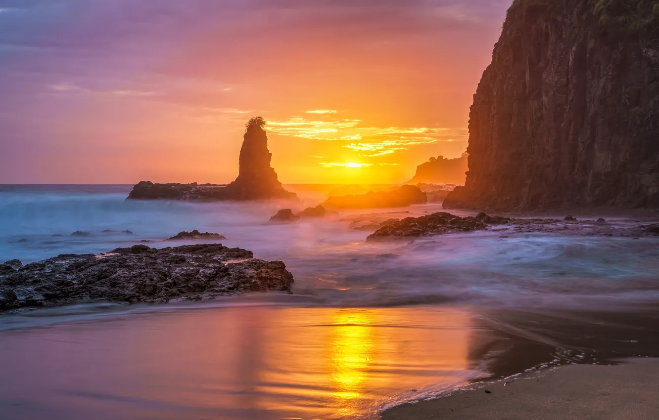 Photo wallpaper sea, the sun, light, sunset, the ocean, rocks, shore, coast