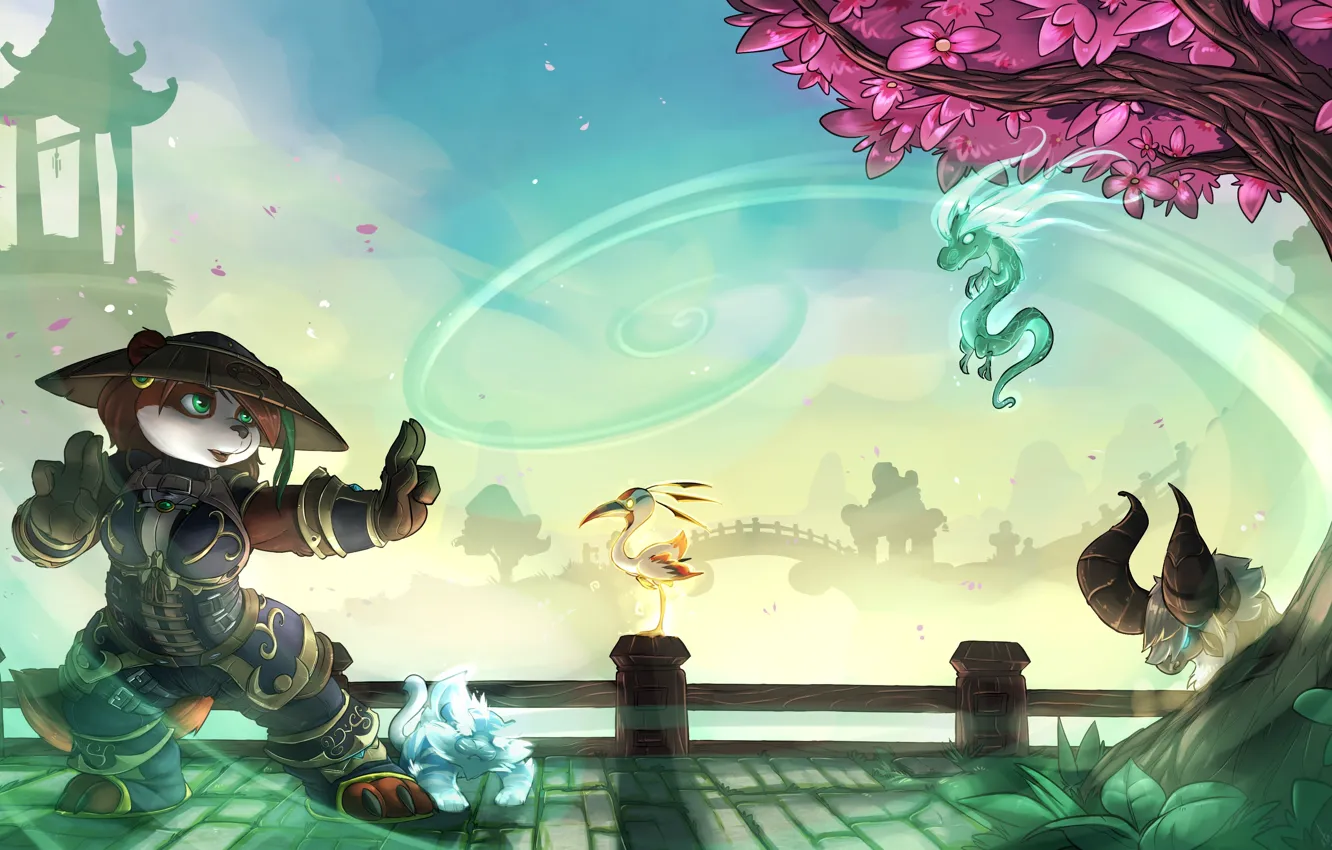 Photo wallpaper World of Warcraft, wow, art, dragon, panda, Forest, World of Warcraft: Mists of Pandaria