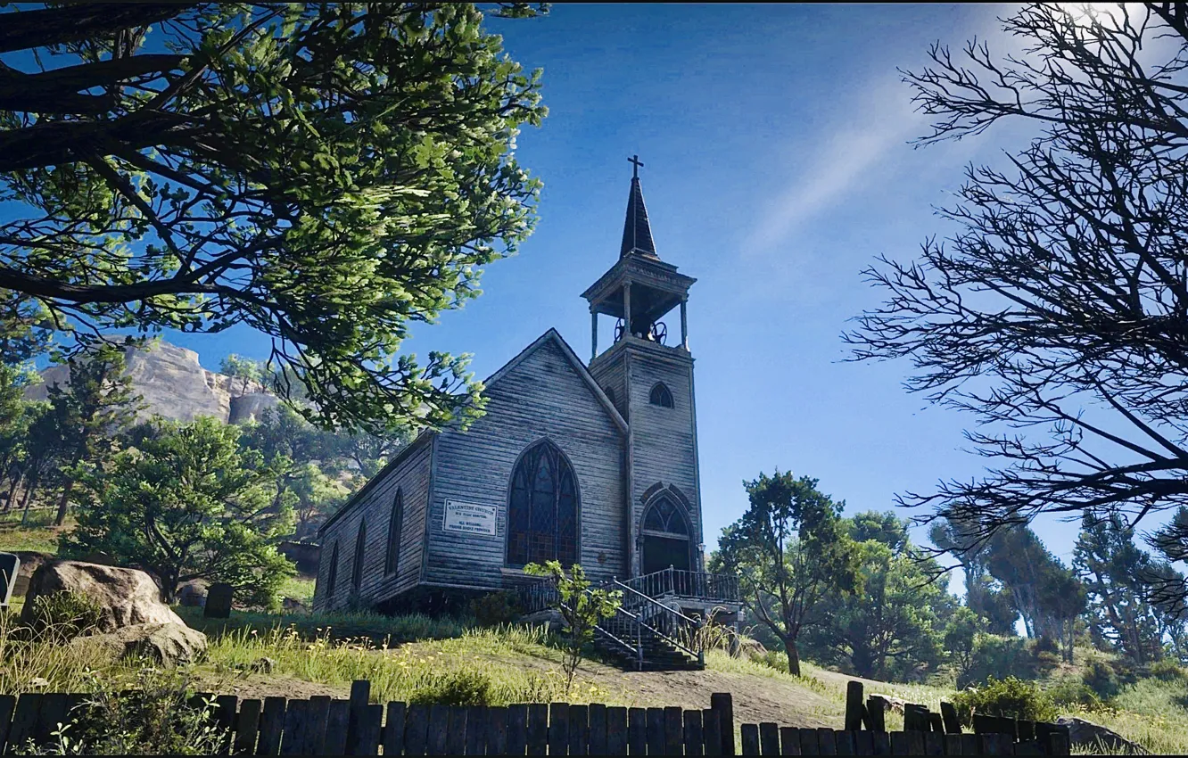 Photo wallpaper HDR, game, trees, fence, cemetery, valentine, church, UHD