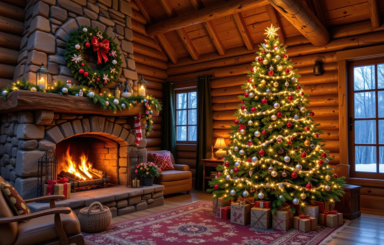 Photo wallpaper balls, room, carpet, furniture, new year, interior, window, Christmas