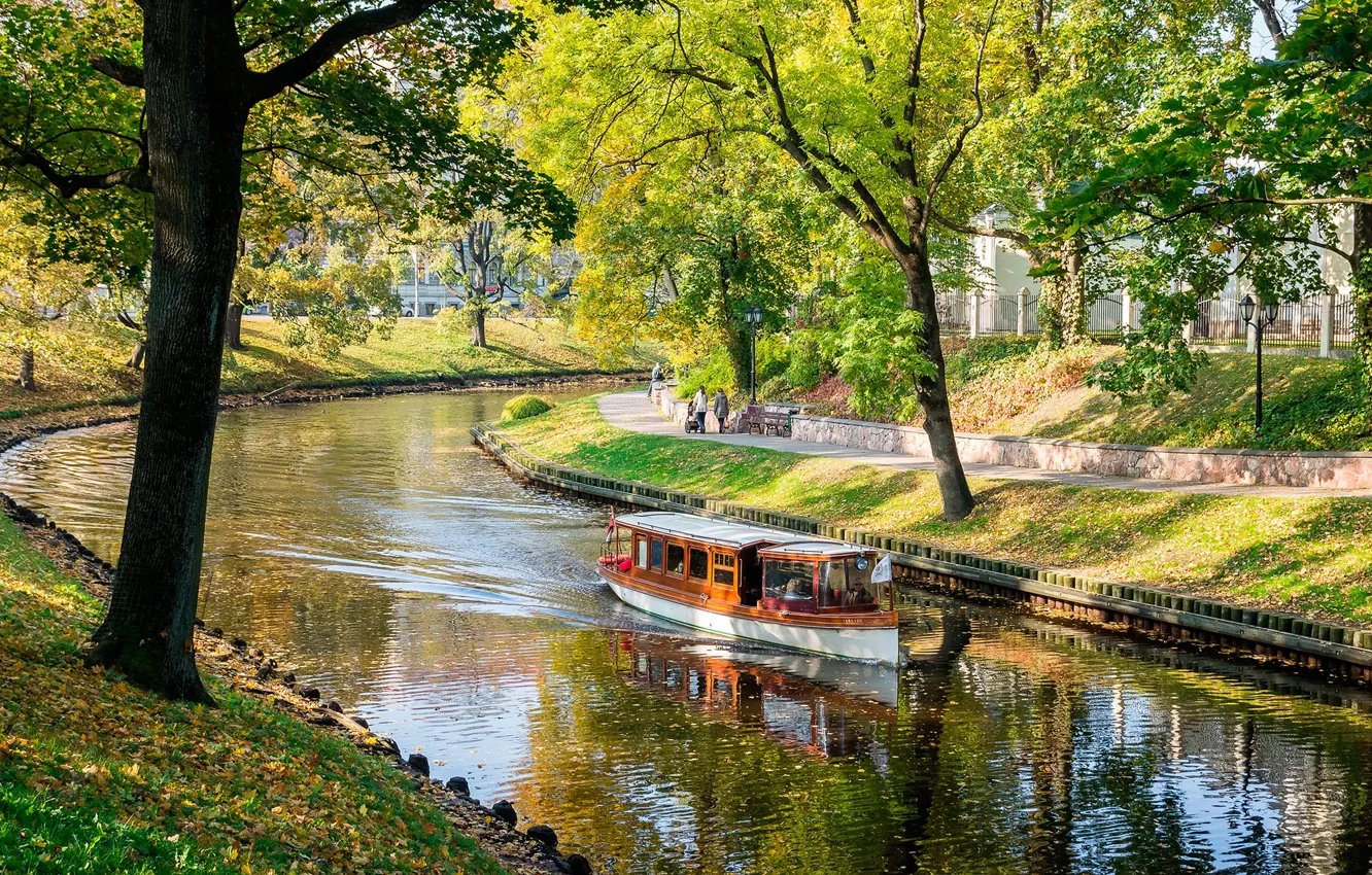 Photo wallpaper autumn, the sun, trees, Park, boat, channel, Riga, Latvia