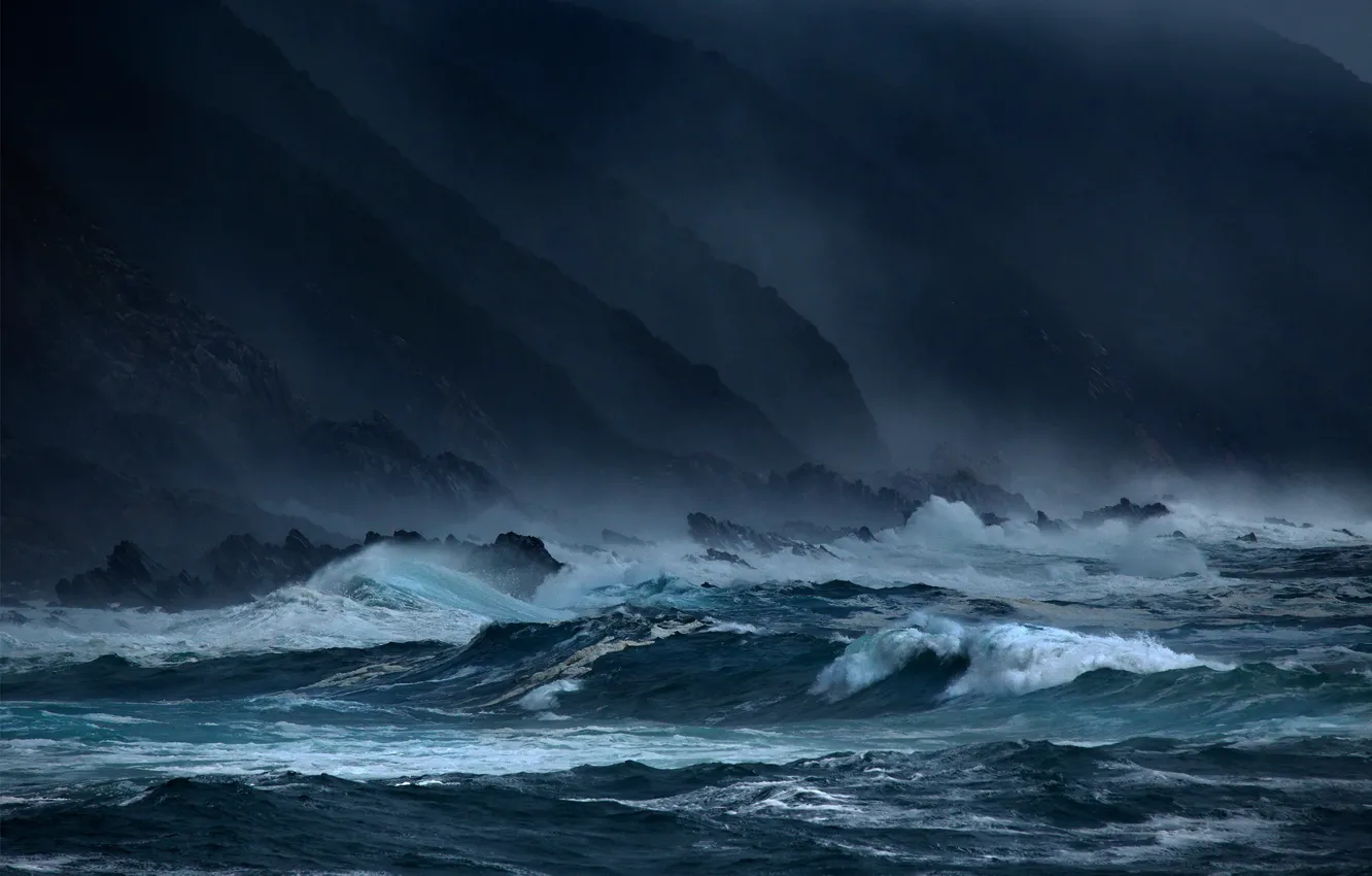 Photo wallpaper sea, wave, storm, rocks, the evening, dark, waves, storm