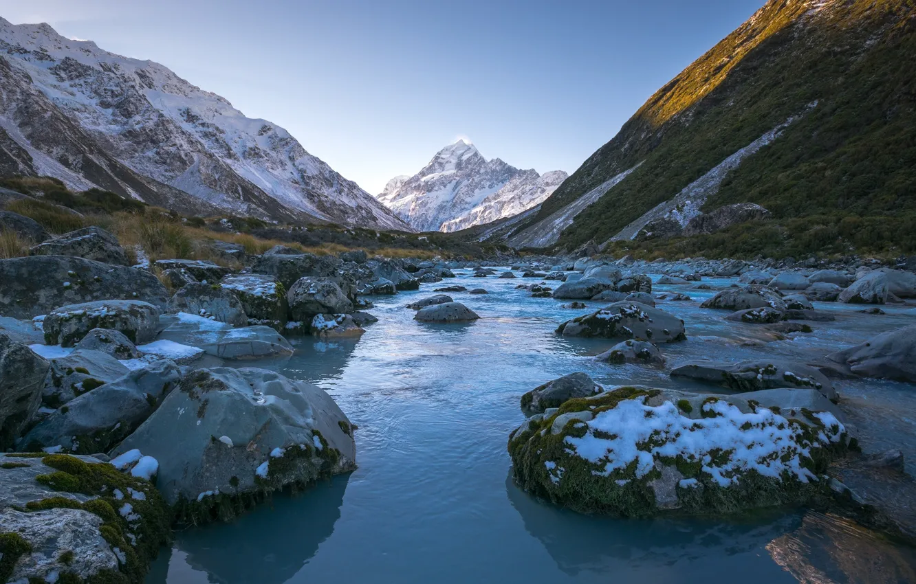 Photo wallpaper the sky, mountains, river, stones, New Zealand