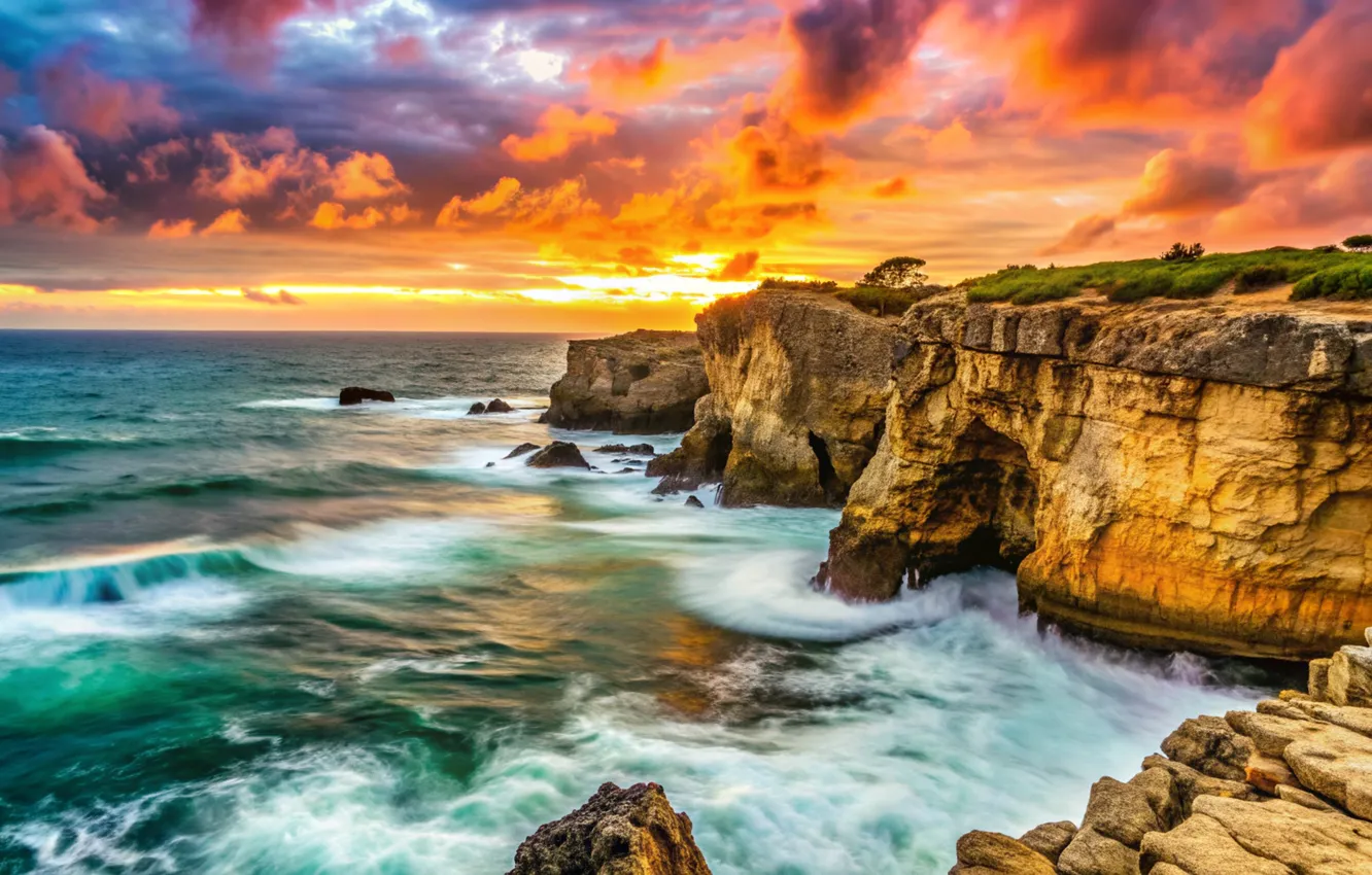 Photo wallpaper sea, wave, sunset, clouds, rocks, shore, waves, sea