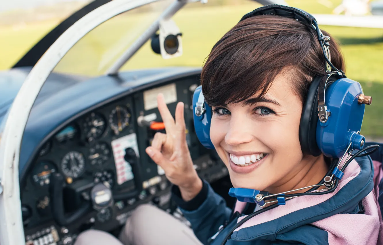 Photo wallpaper woman, smile, helicopter, pilot