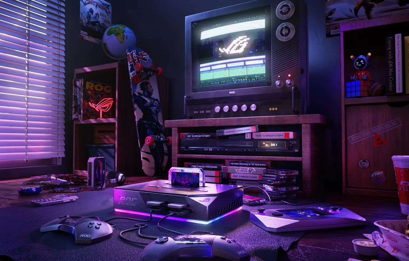Photo wallpaper retro, cozy, republic of gamers, asus rog, technology, Aesthetic interior, Gaming room, Gaming Console