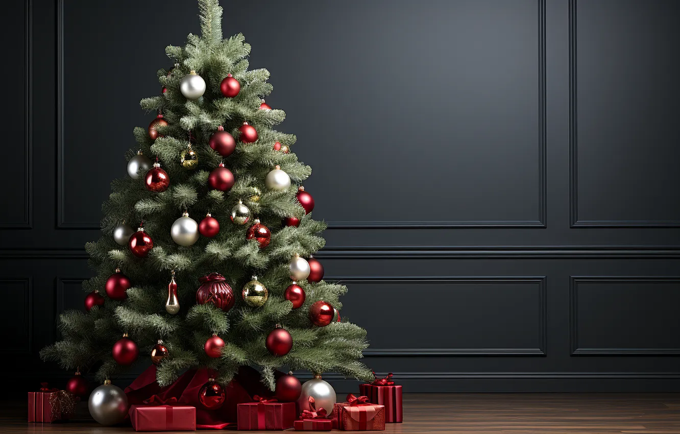 Photo wallpaper decoration, room, gift, balls, tree, new year, interior, Christmas