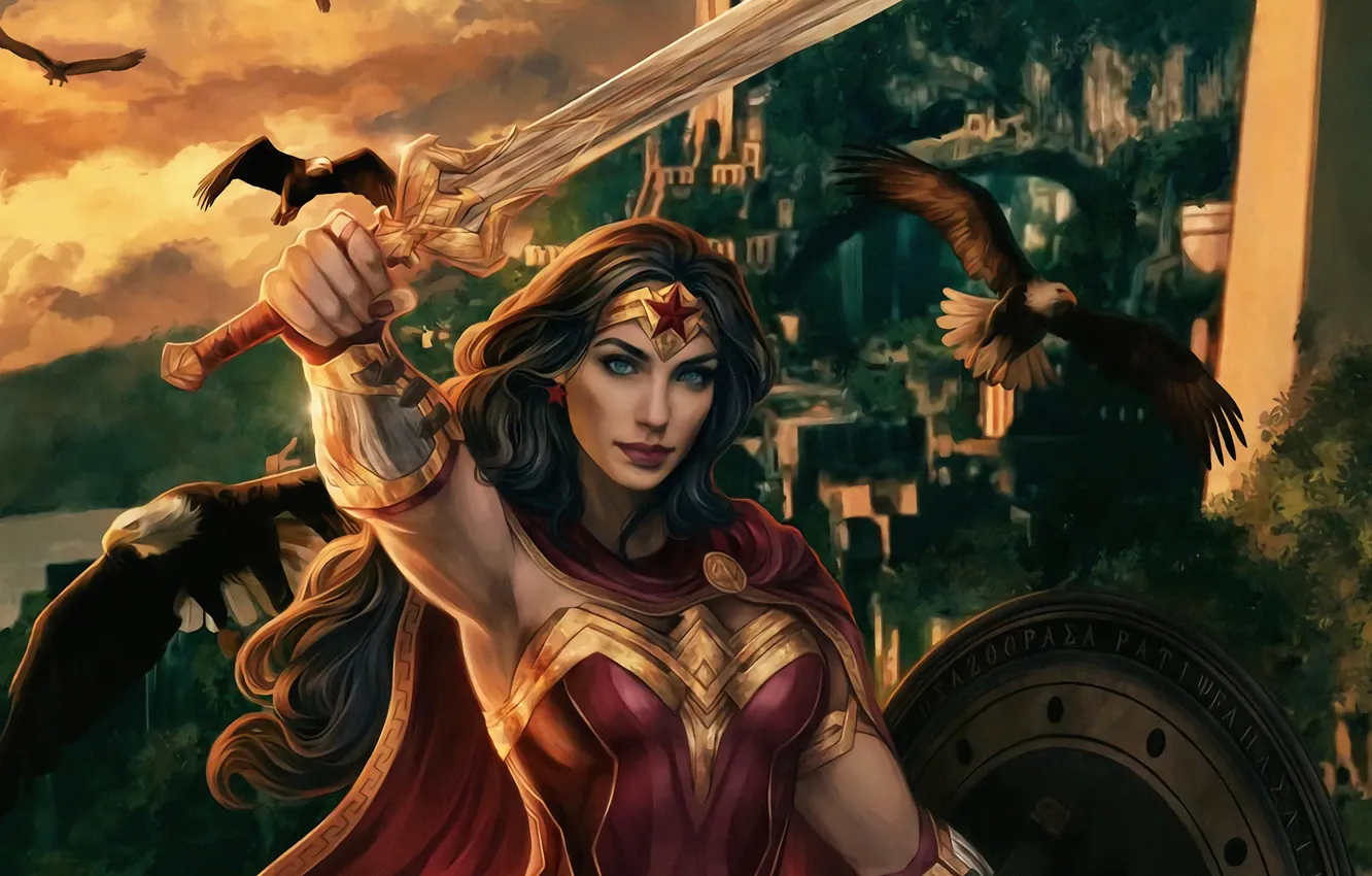Photo wallpaper look, birds, sword, hero, costume, Wonder Woman, Wonder woman