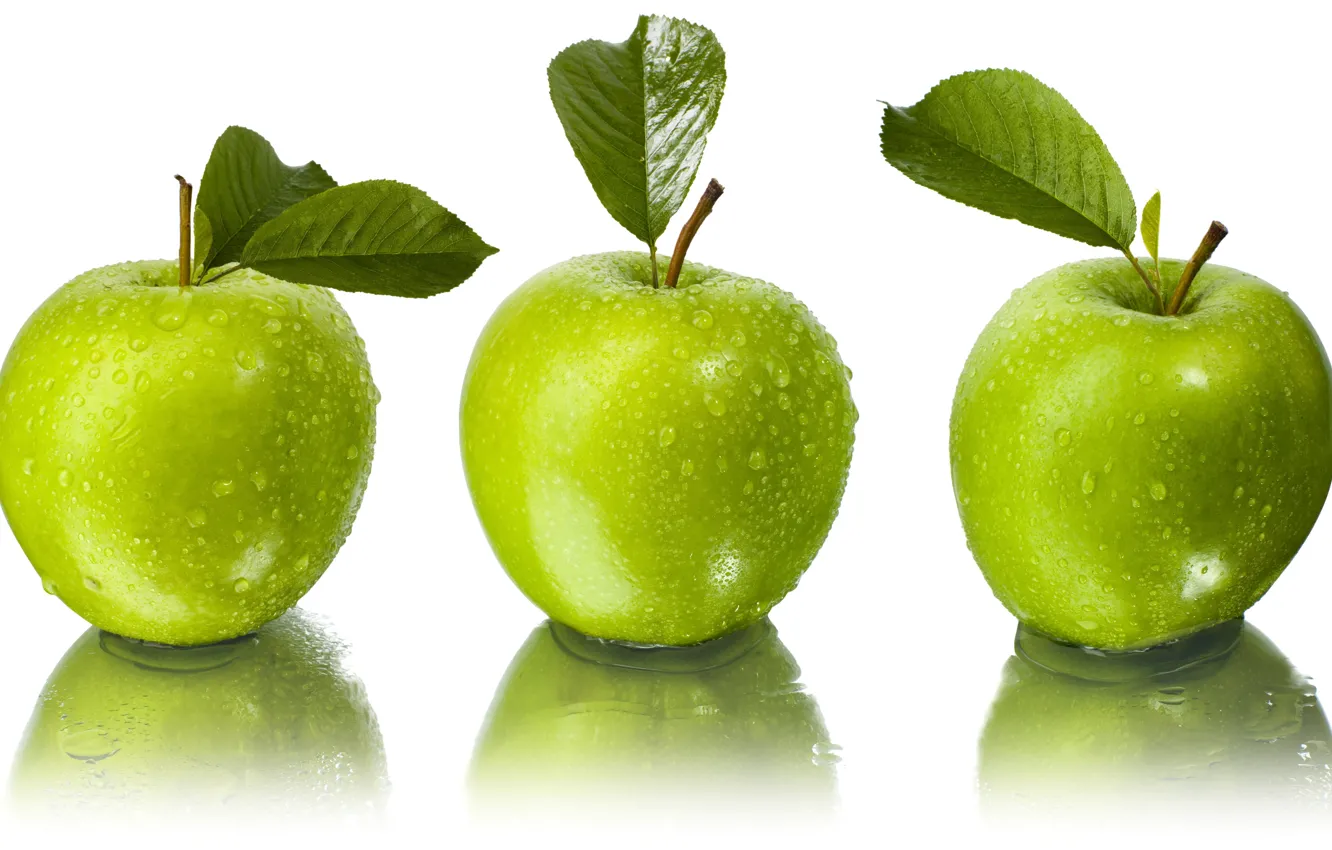 Photo wallpaper leaves, water, drops, reflection, apples, green, white background