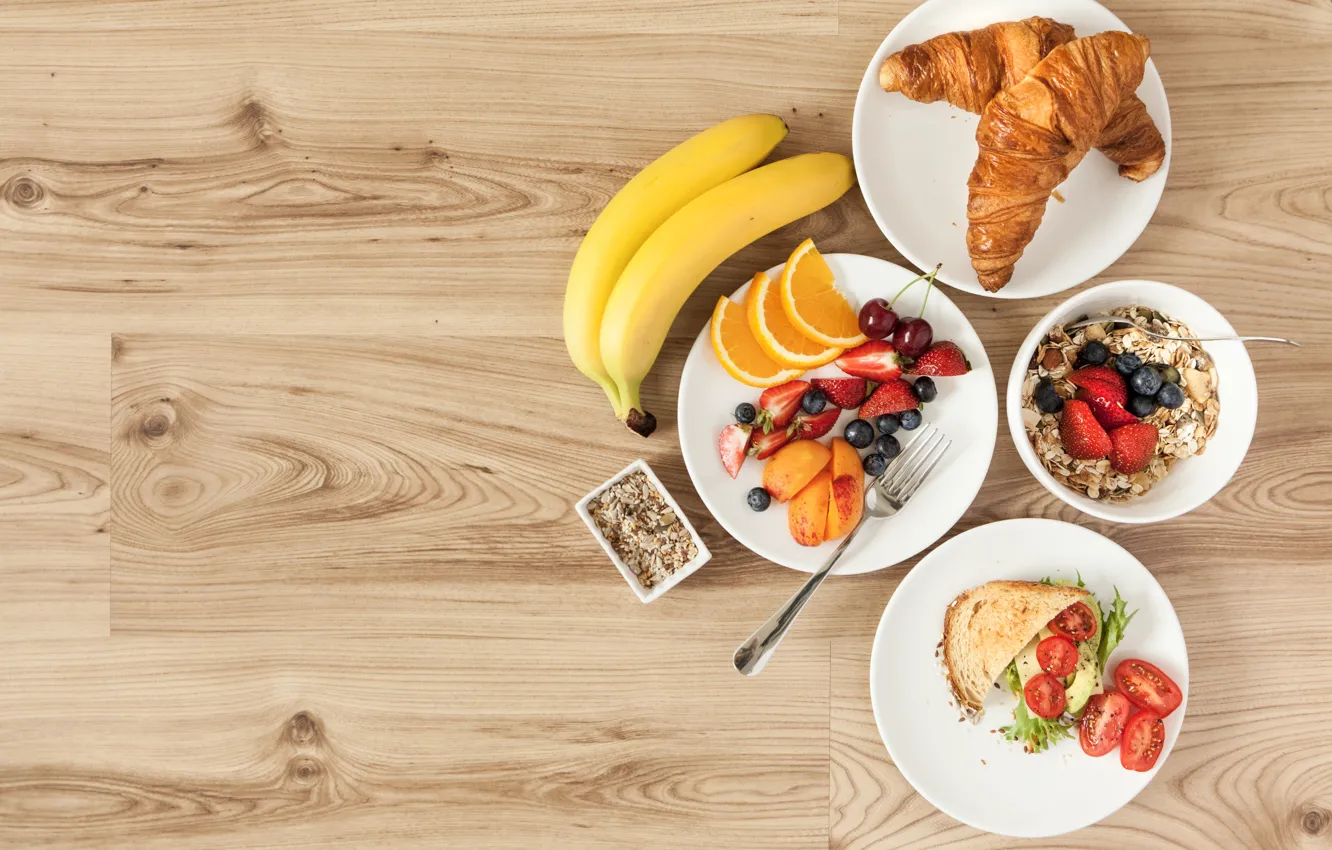 Photo wallpaper cherry, berries, table, orange, Breakfast, strawberry, bread, bananas
