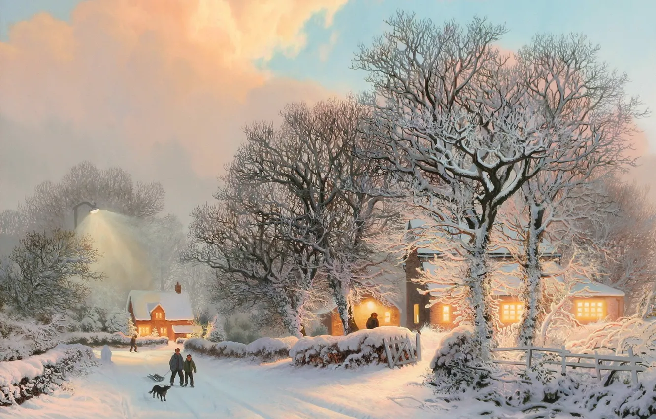Photo wallpaper winter, sunset, village