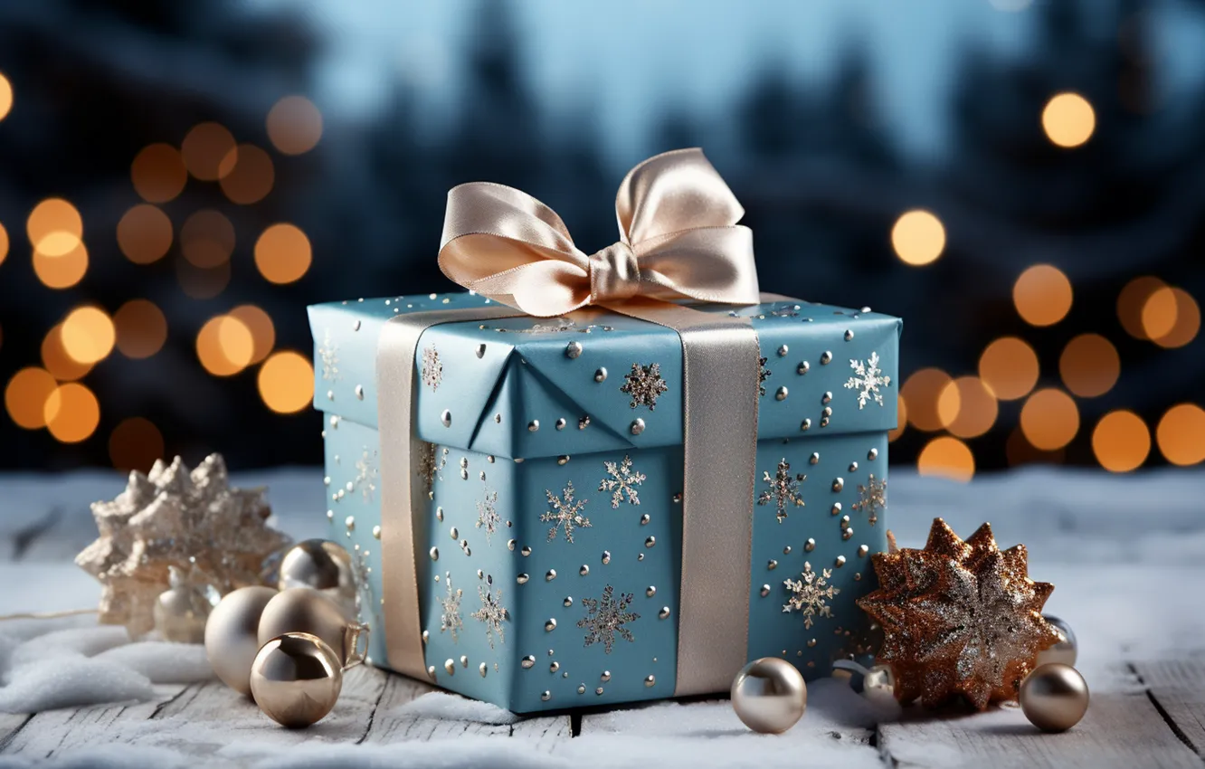 Photo wallpaper winter, snow, decoration, snowflakes, gift, balls, new year, Christmas