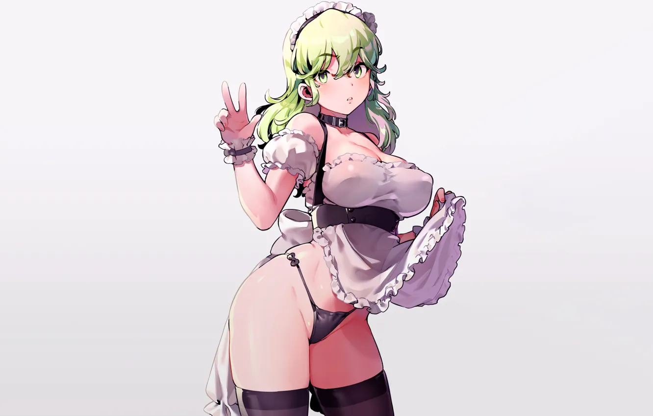 Photo wallpaper girl, sexy, lingerie, cleavage, panties, thighhighs, green eyes, long hair