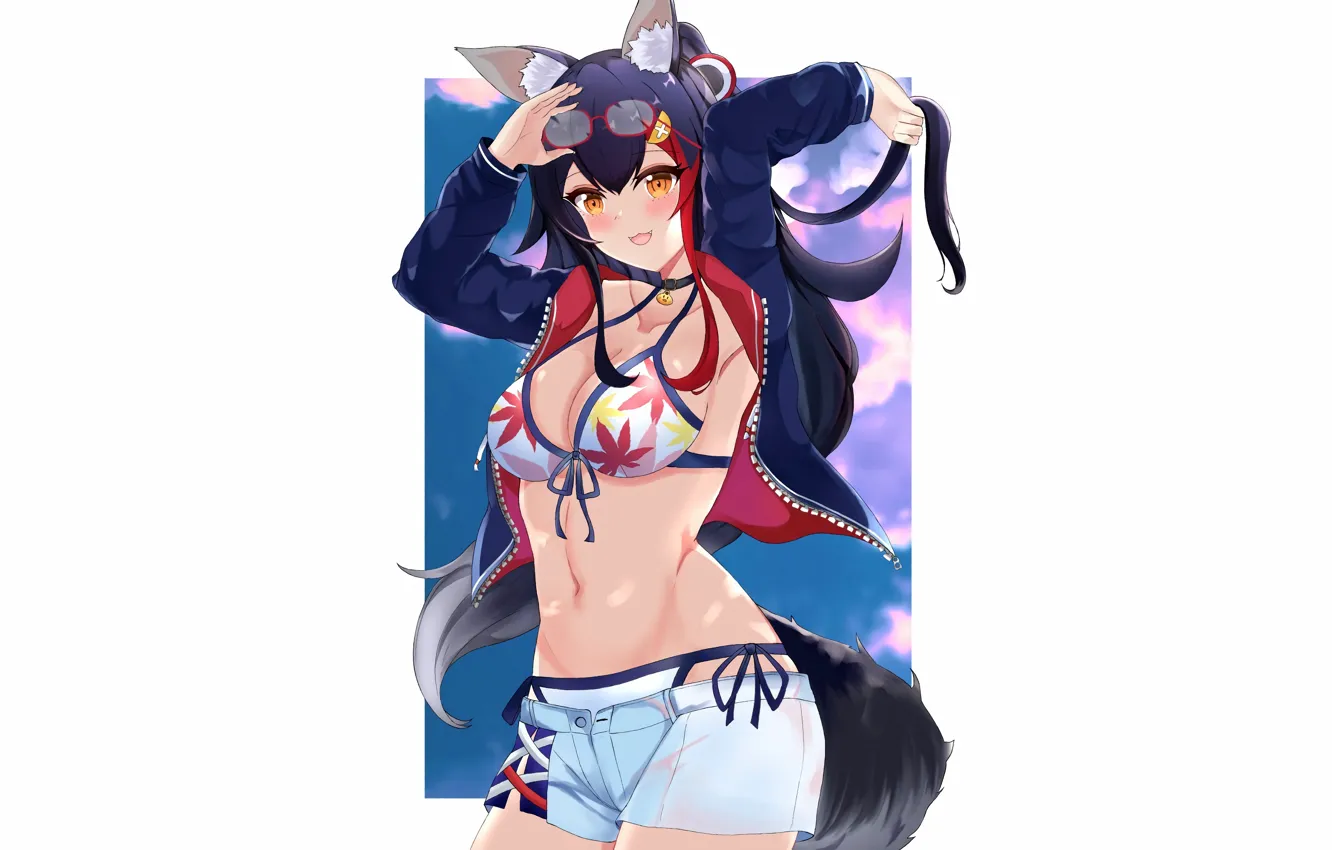 Photo wallpaper girl, sexy, cleavage, shorts, long hair, boobs, animal ears, anime