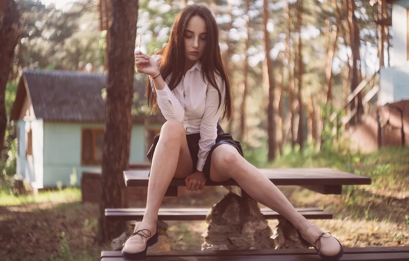 Photo wallpaper girl, ass, forest, trees, nature, model, brunette, bench