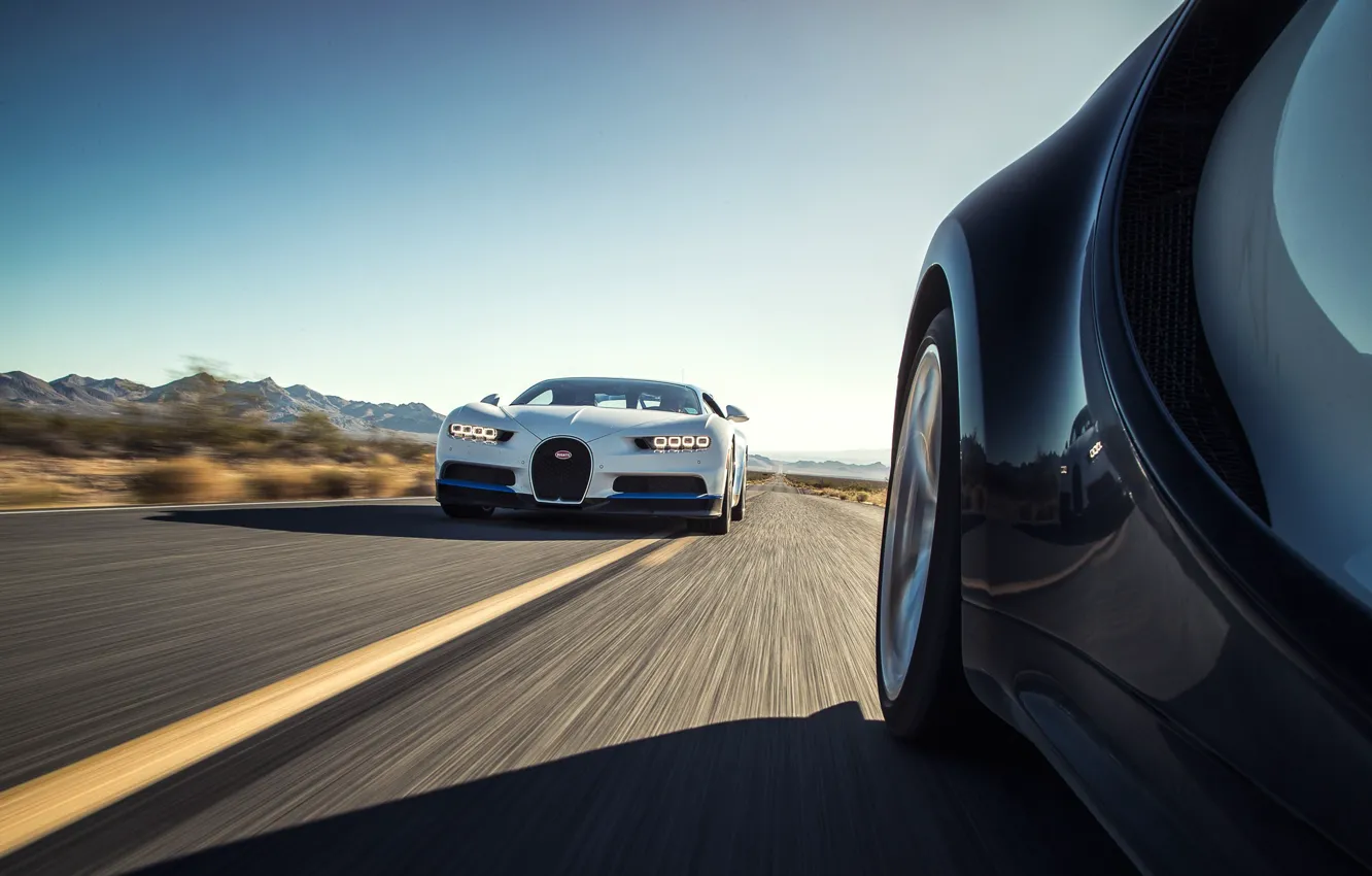 Photo wallpaper car, Bugatti, supercar, desert, race, speed, sand, asphalt