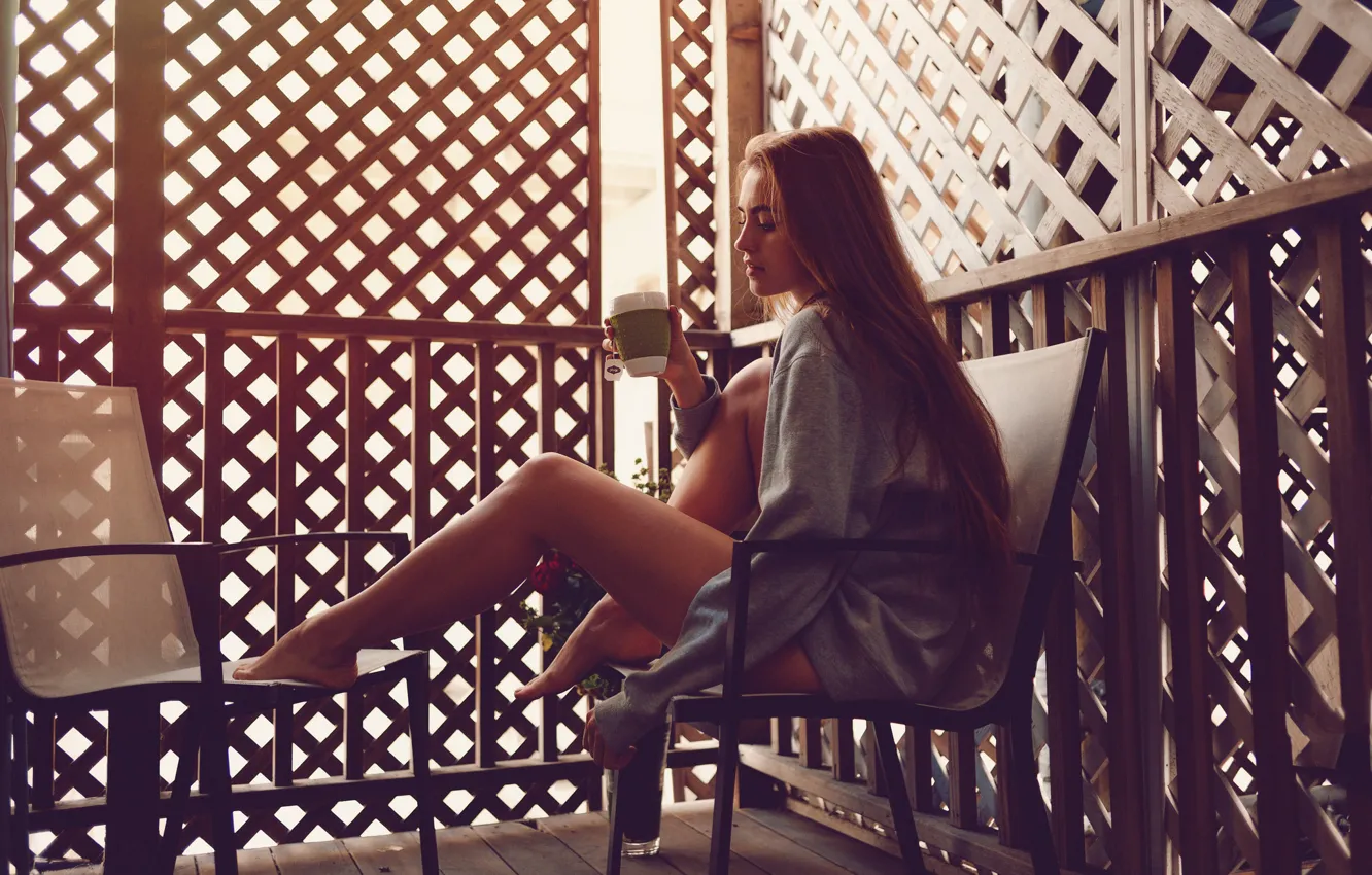 Photo wallpaper girl, tea, sitting, long hair