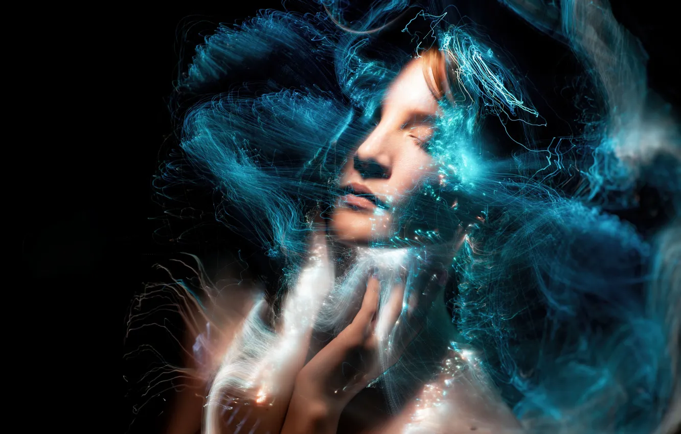 Photo wallpaper girl, light, line, abstraction, face, style, lights, blue