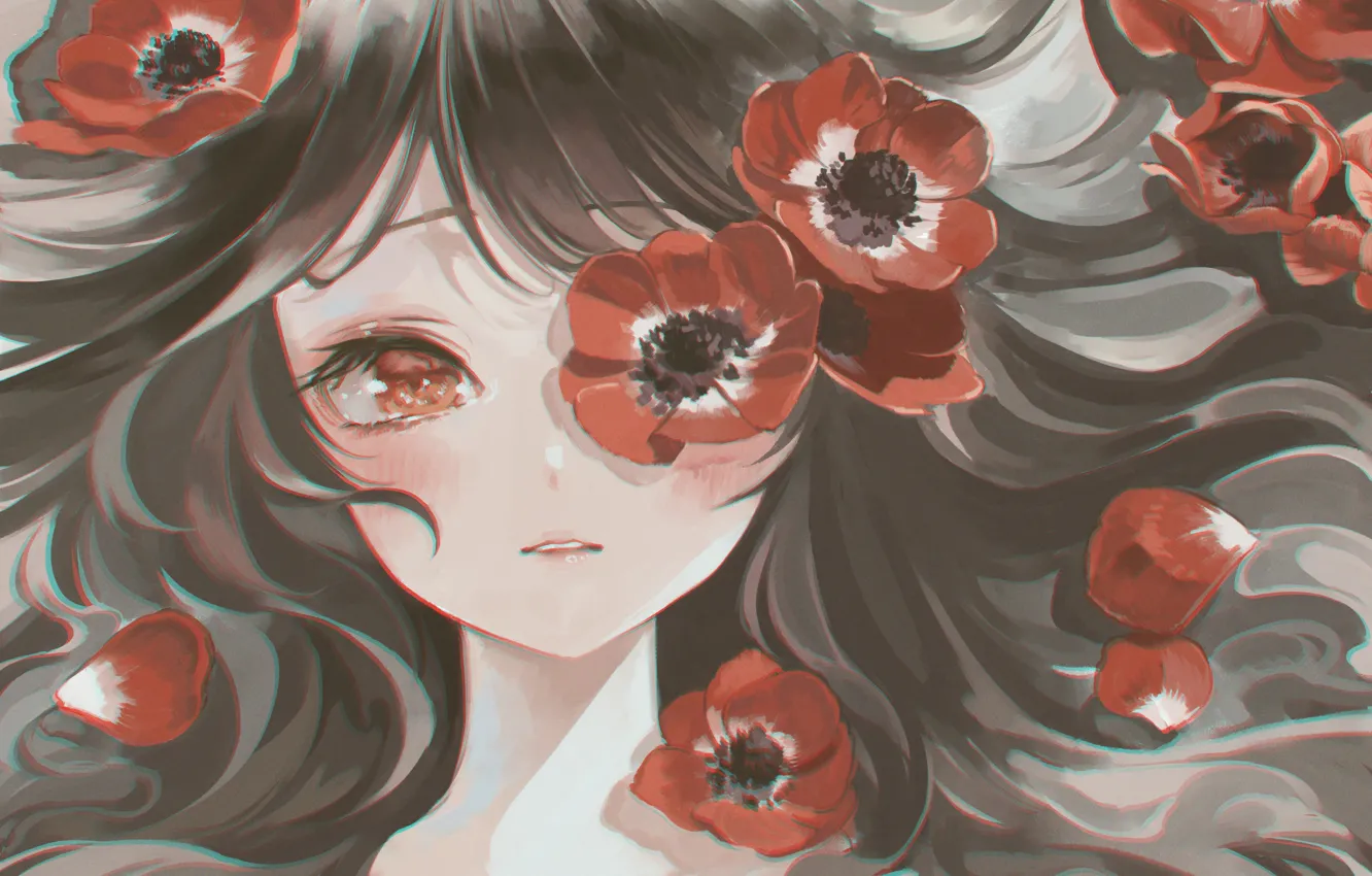 Photo wallpaper girl, flowers, Maki