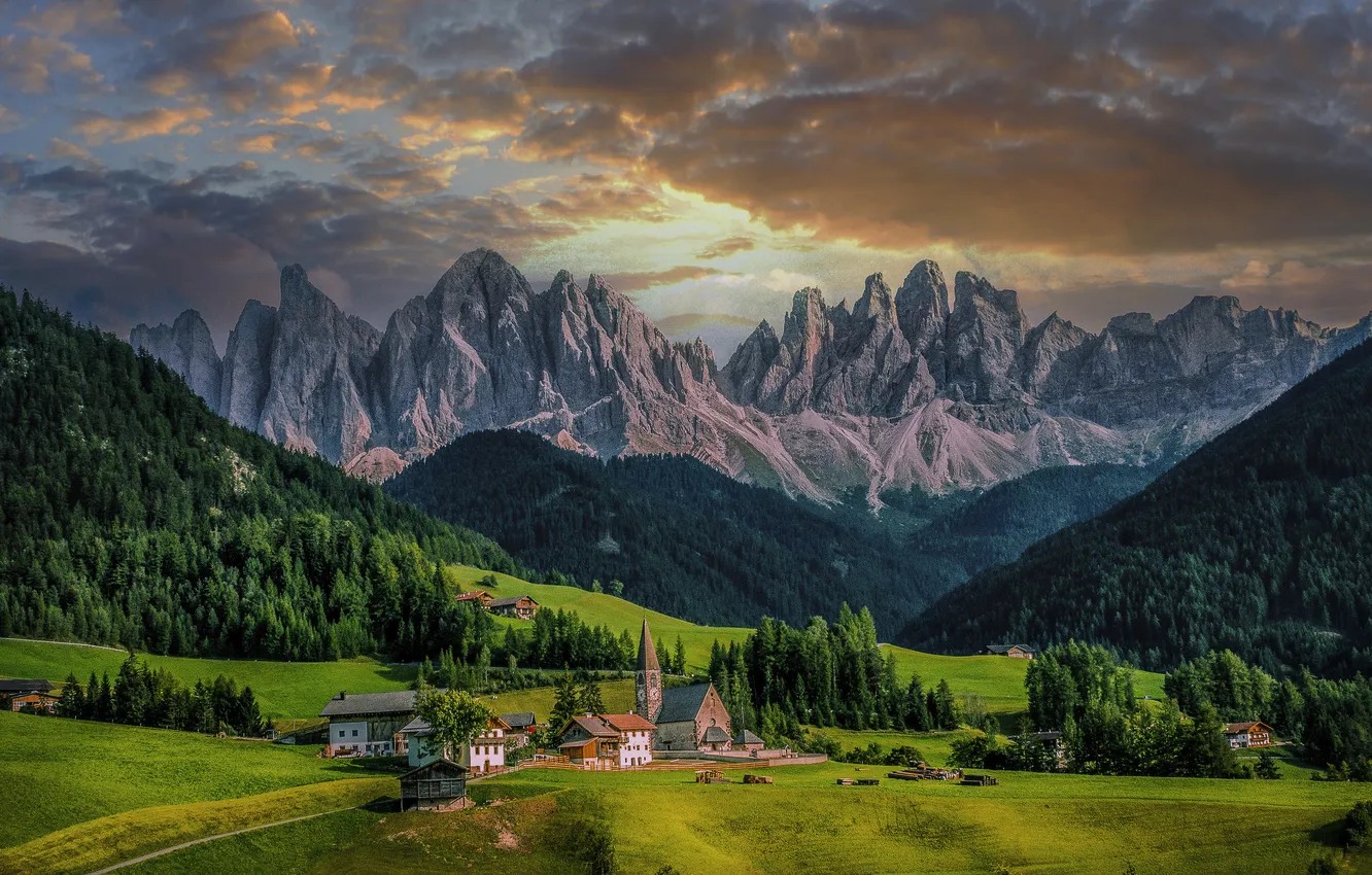 Photo wallpaper field, forest, clouds, mountains, hills, tops, dal, slope