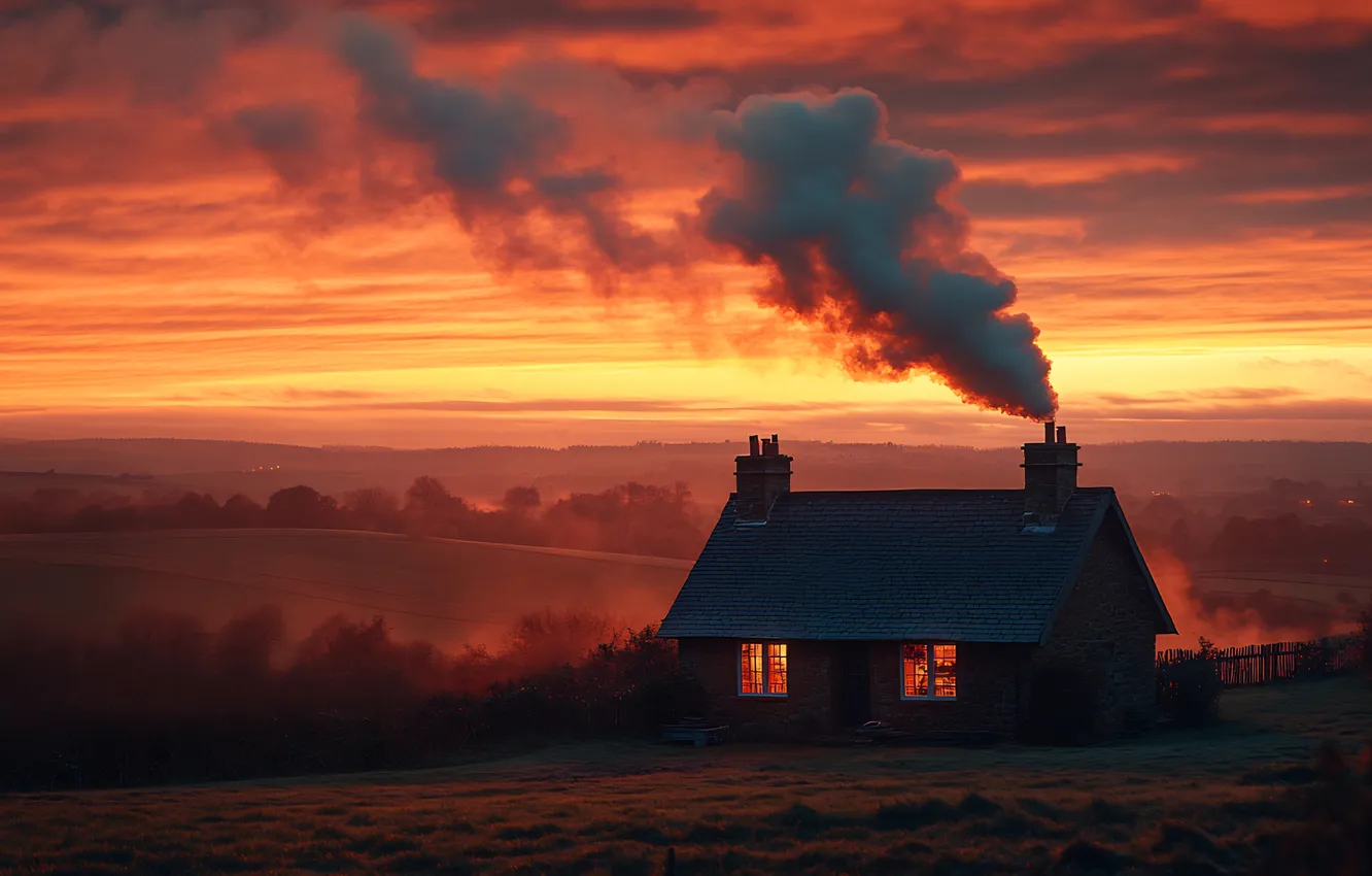Photo wallpaper field, forest, the sky, sunset, fog, hills, home, dal