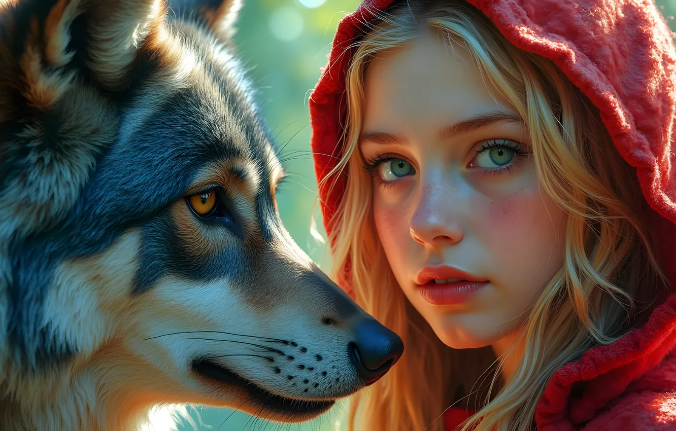 Photo wallpaper look, girl, face, each, wolf, portrait, little red riding hood, blonde