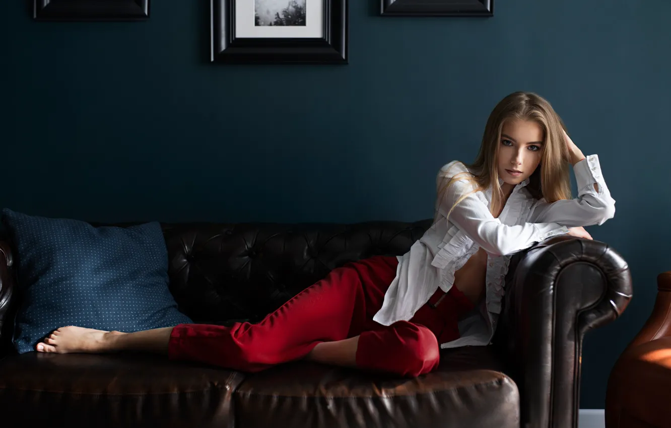Photo wallpaper look, girl, pose, sofa, blouse, pants, Ilya Baranov