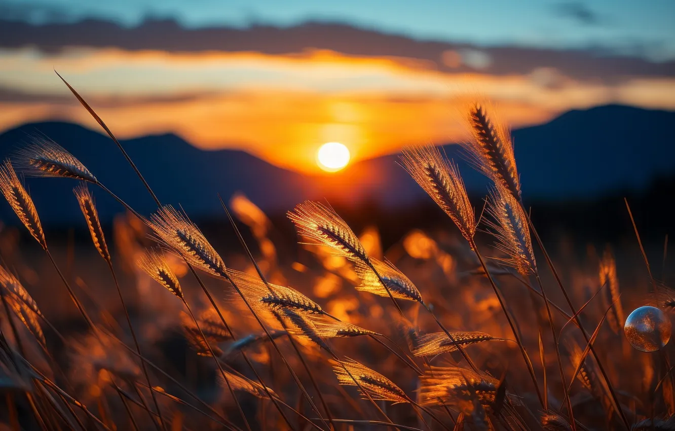 Photo wallpaper field, sunset, spikelets, ears of rye