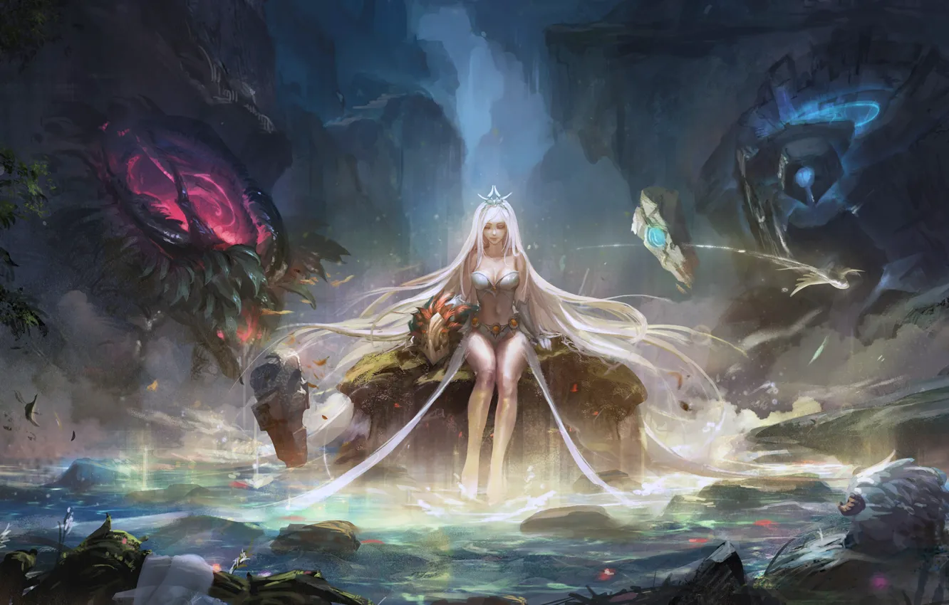 Photo wallpaper girl, rock, fantasy, game, forest, magic, long hair, water