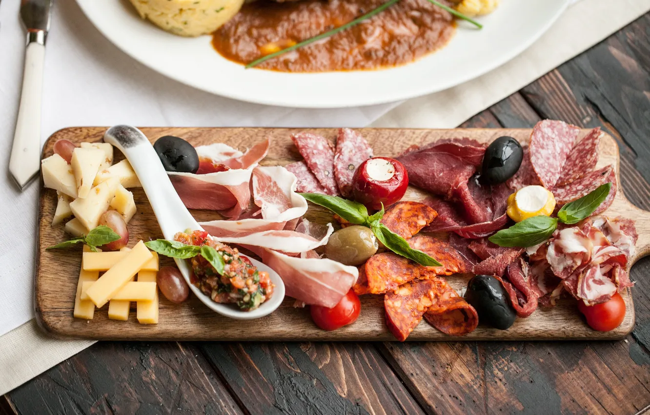 Photo wallpaper cheese, sausage, cutting, bacon, cuts