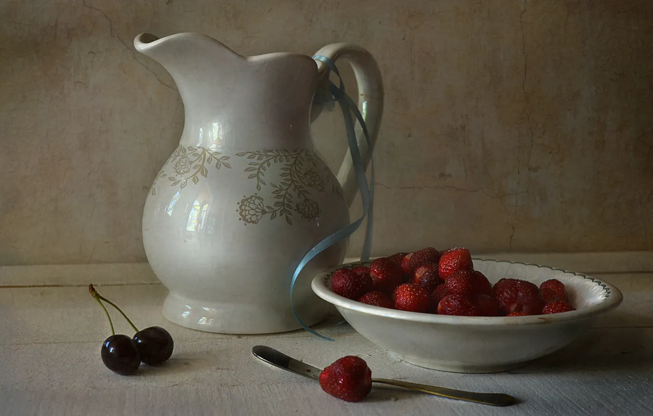 Photo wallpaper table, strawberry, berry, plate, fruit, knife, dishes, pitcher