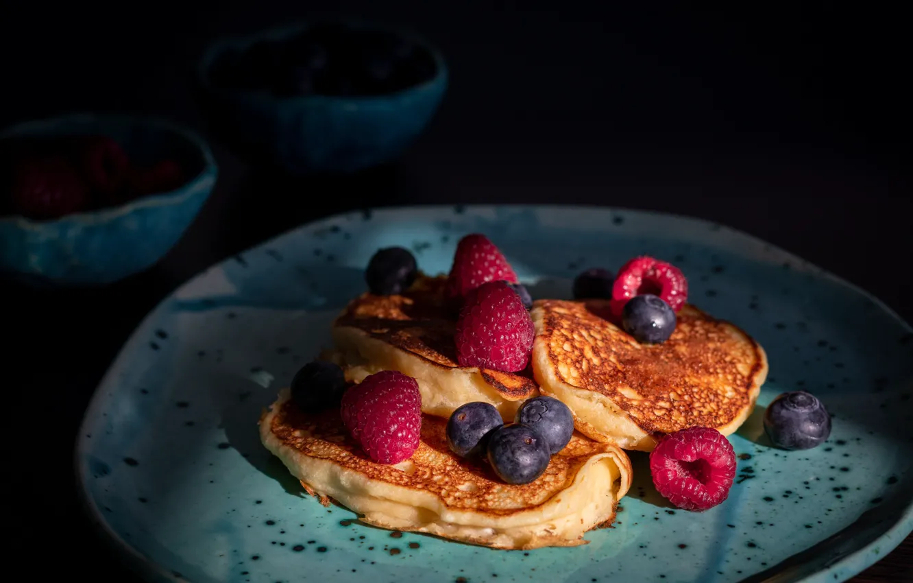 Photo wallpaper berries, raspberry, food, blueberries, pancakes, cakes, pancakes