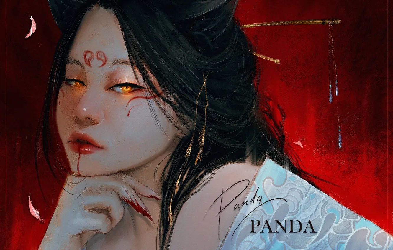 Photo wallpaper girl, blood, makeup, ears, from panda, by Panda