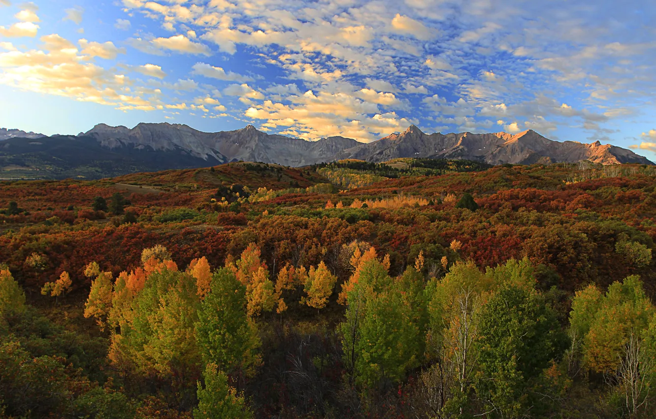 Photo wallpaper autumn, the sky, clouds, trees, landscape, mountains, time of the year