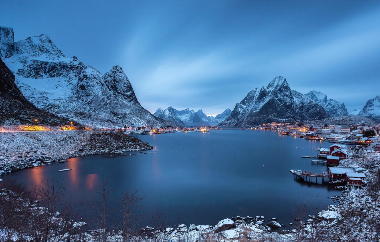 Photo wallpaper winter, landscape, mountains, lake, the evening