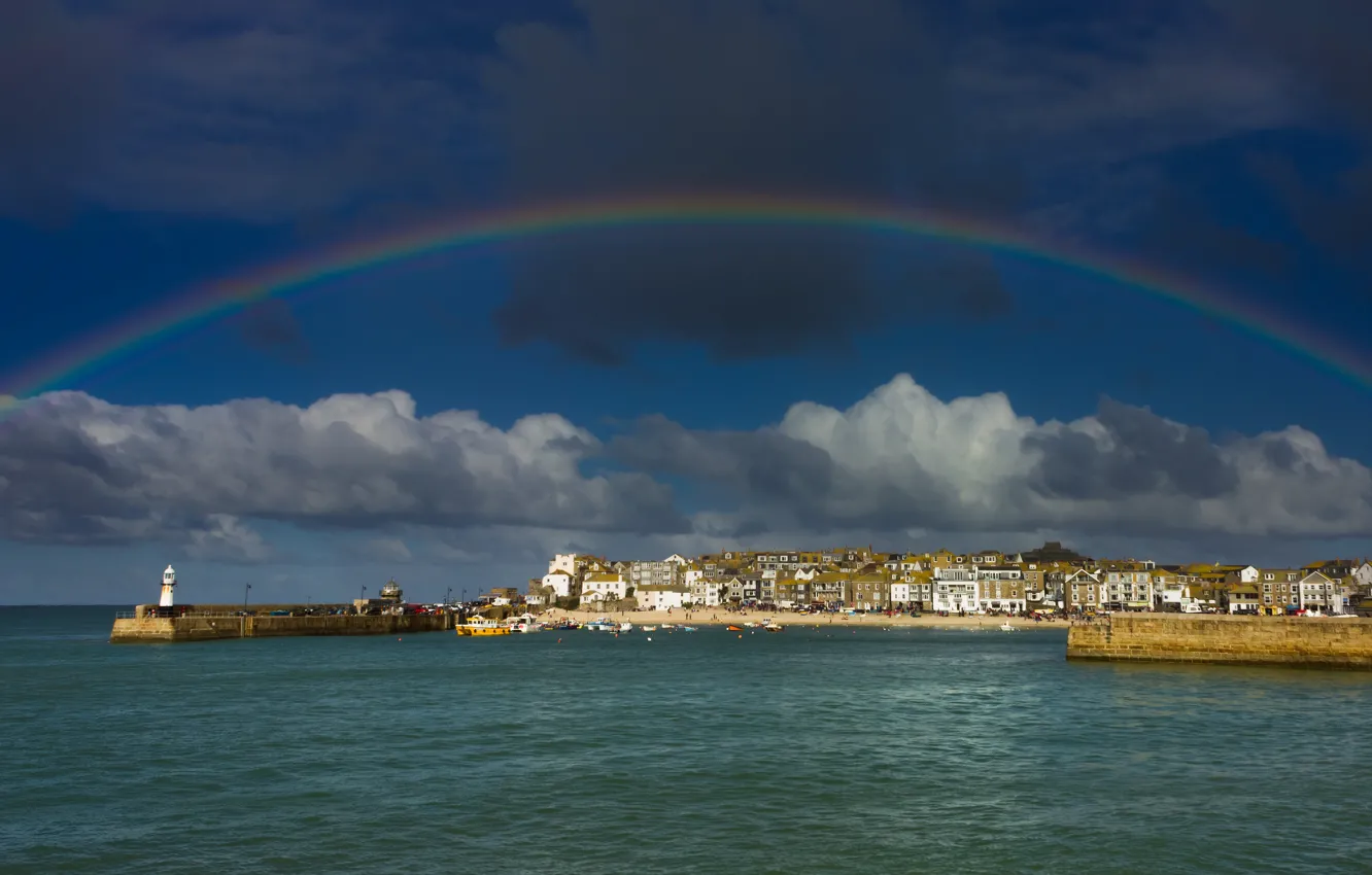 Photo wallpaper sea, the sky, clouds, clouds, the city, shore, lighthouse, England