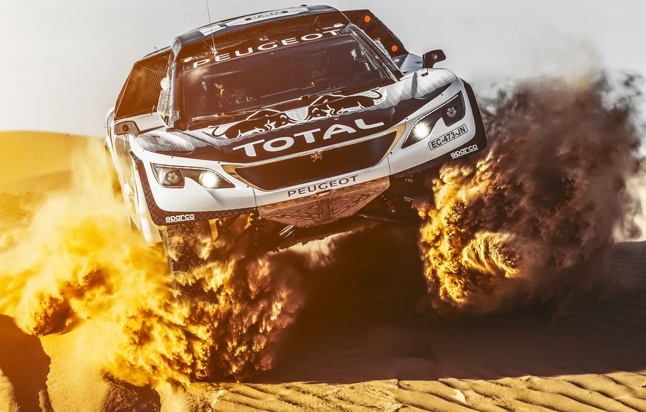 Photo wallpaper sand, race, sport, lights, speed, dunes, Peugeot, Red Bull
