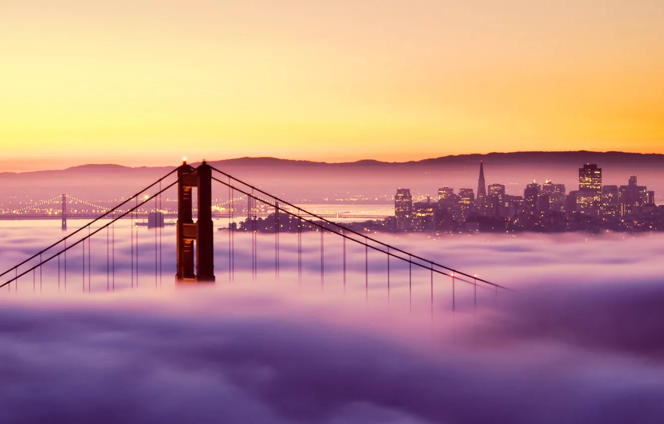 Photo wallpaper sunset, bridge, lights, fog, Golden Gate Bridge, San Francisco, San Francisco
