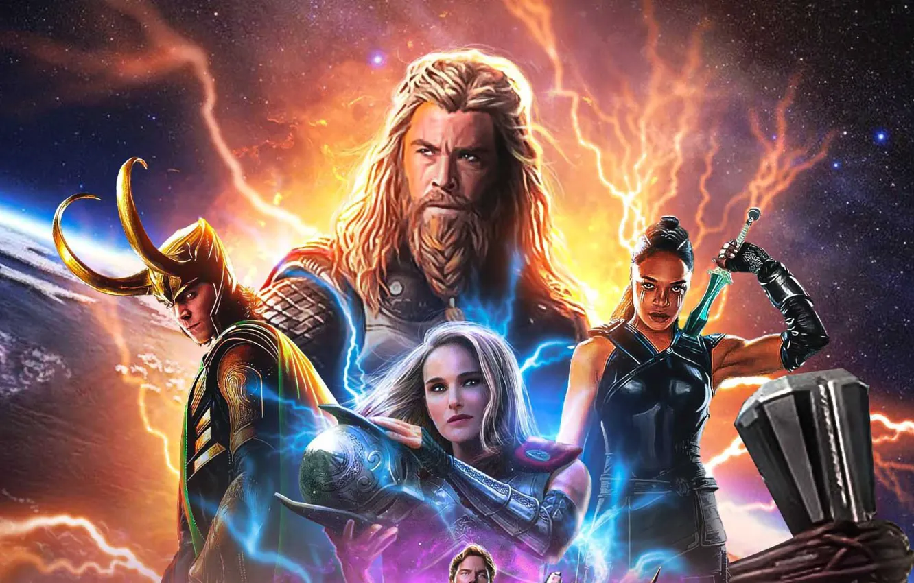 Photo wallpaper Loki, Valkyrie, Storm Breaker, Thor-4 Love and Thunder, Thor 4, Lady Thor