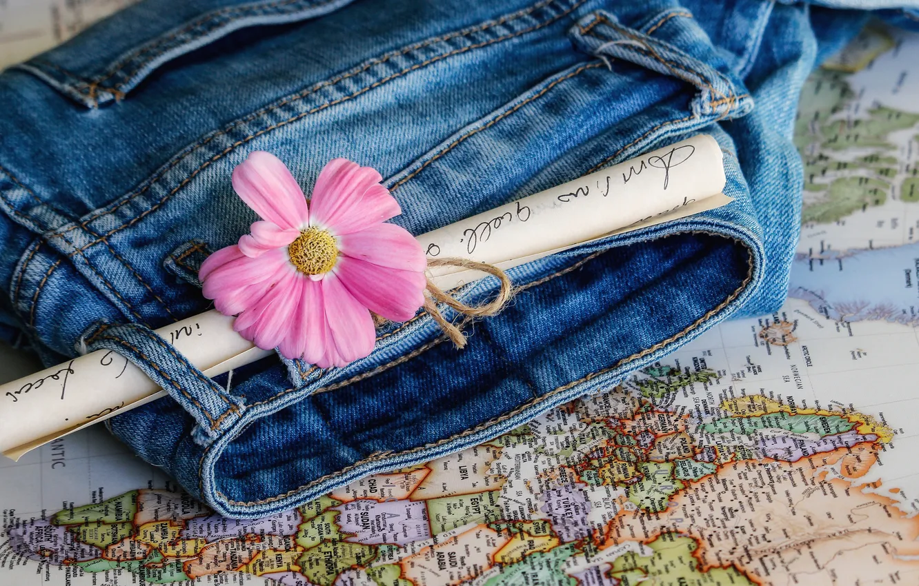 Photo wallpaper flowers, map, jeans, note