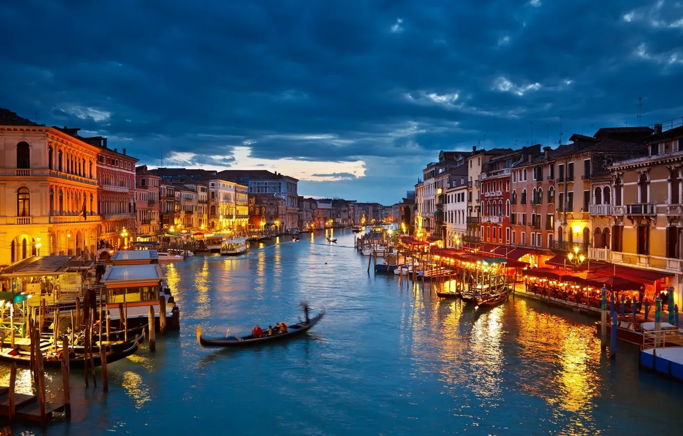 Photo wallpaper clouds, lights, boat, home, the evening, Venice, channel, gondola
