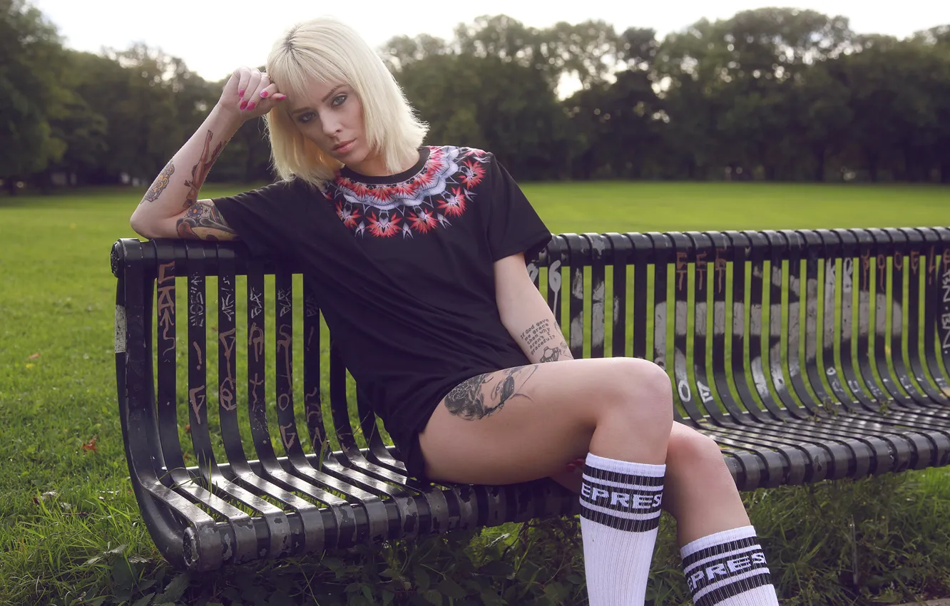 Photo wallpaper girl, grass, trees, woman, model, tattoo, bench, blonde