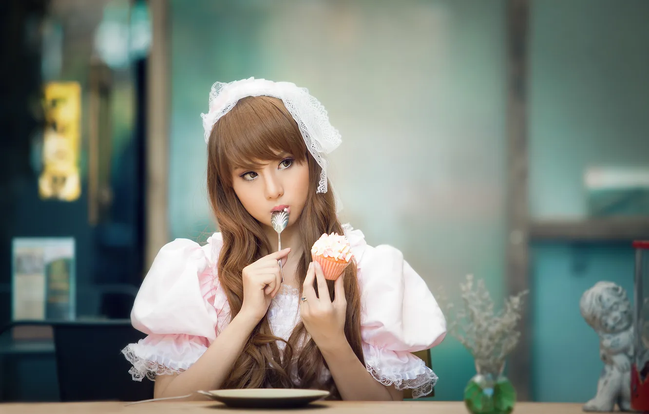 Photo wallpaper girl, table, plate, spoon, Asian