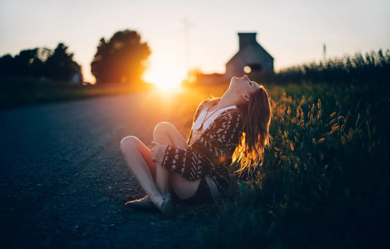 Photo wallpaper road, girl, light, mood