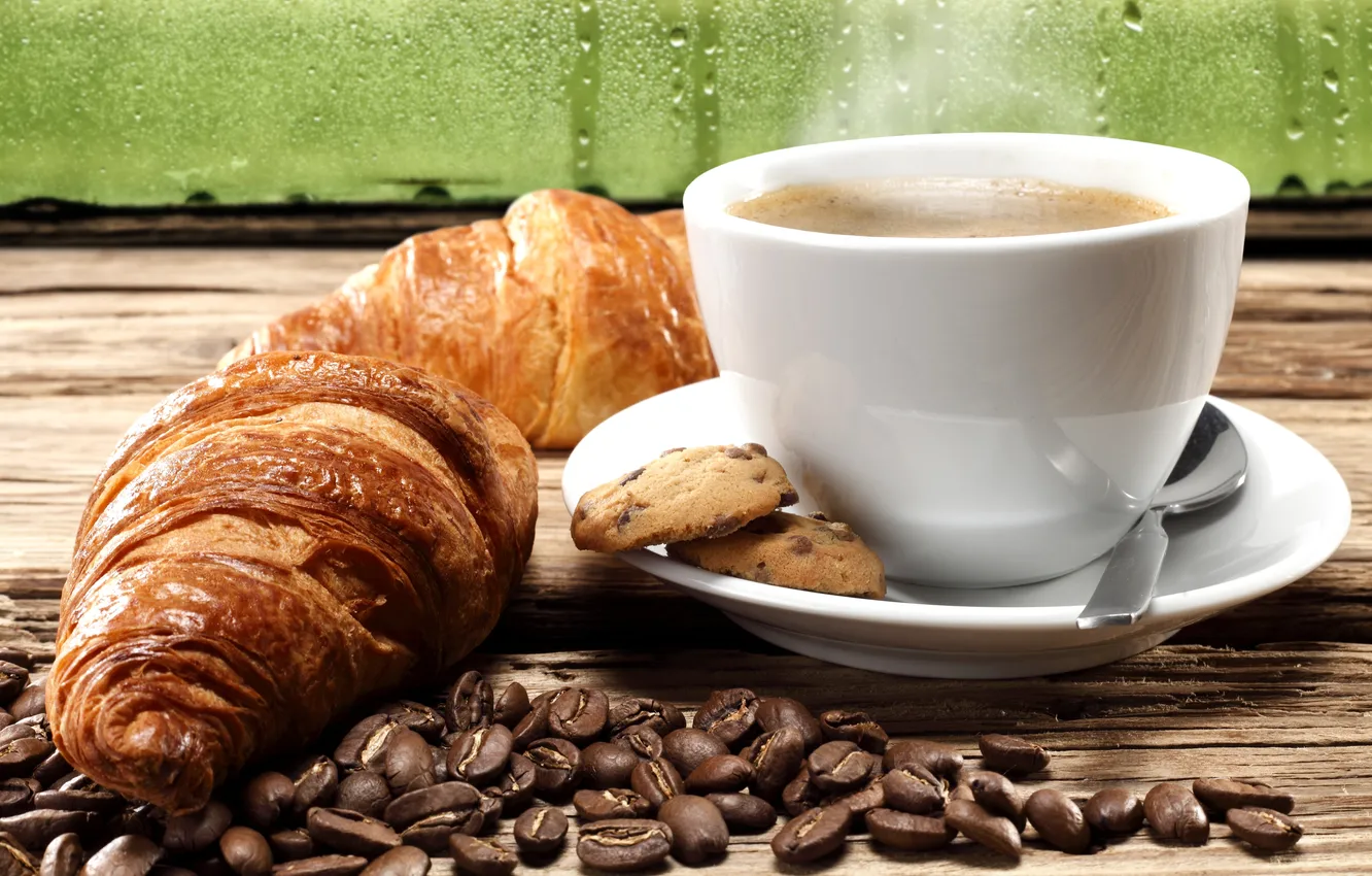 Photo wallpaper coffee, cookies, coffee beans, coffee, croissants, biscuits, coffee beans, growing