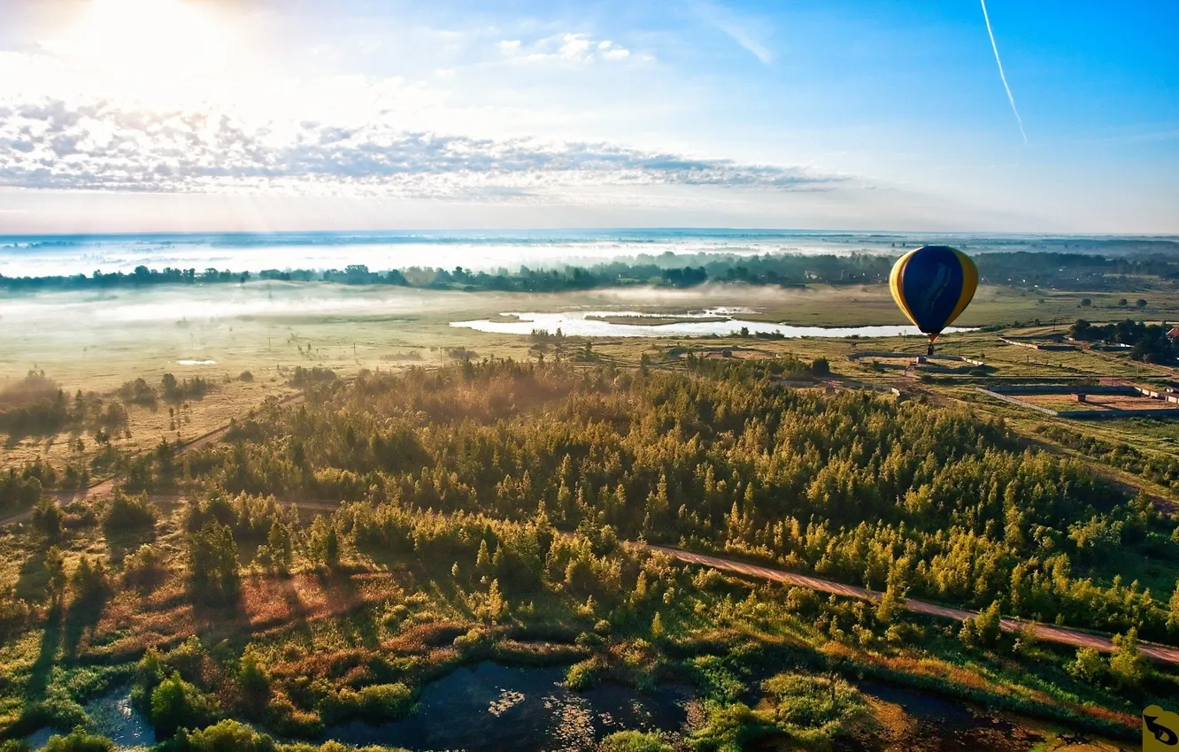 Photo wallpaper road, forest, the sky, the sun, clouds, balloon, view