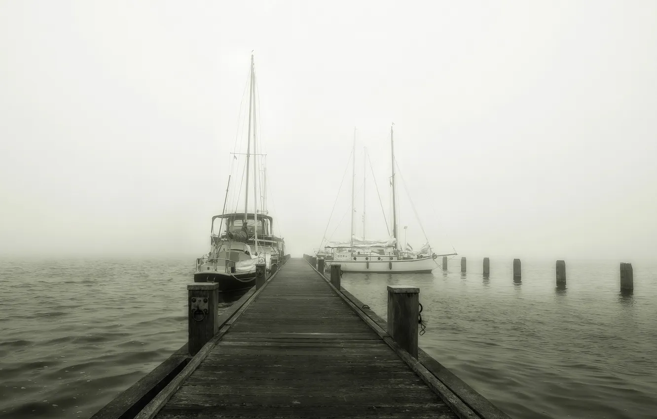 Photo wallpaper landscape, fog, lake, boat, pier