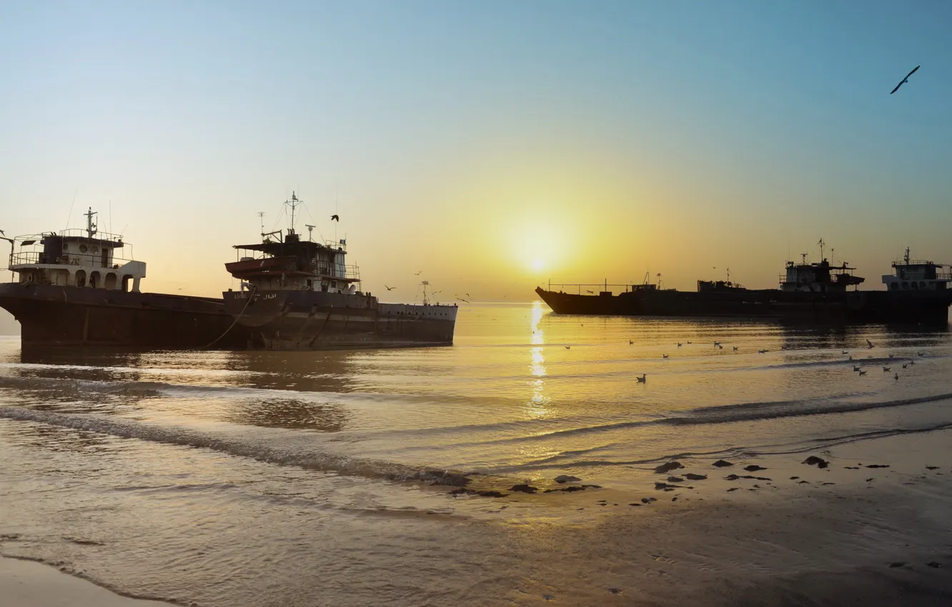 Photo wallpaper sea, landscape, sunset, ship