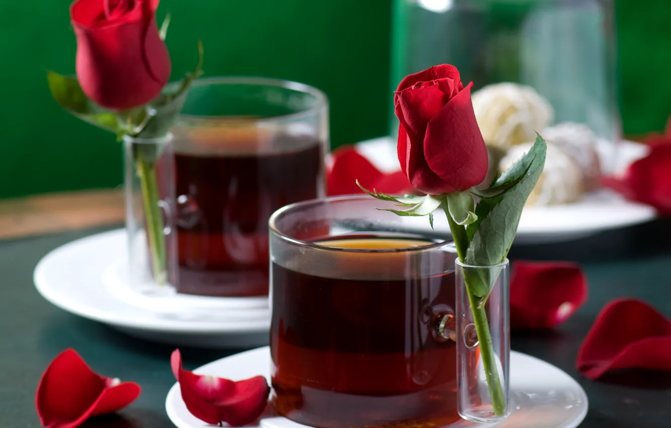 Photo wallpaper love, mood, holiday, tea, romance, roses, petals, Cup
