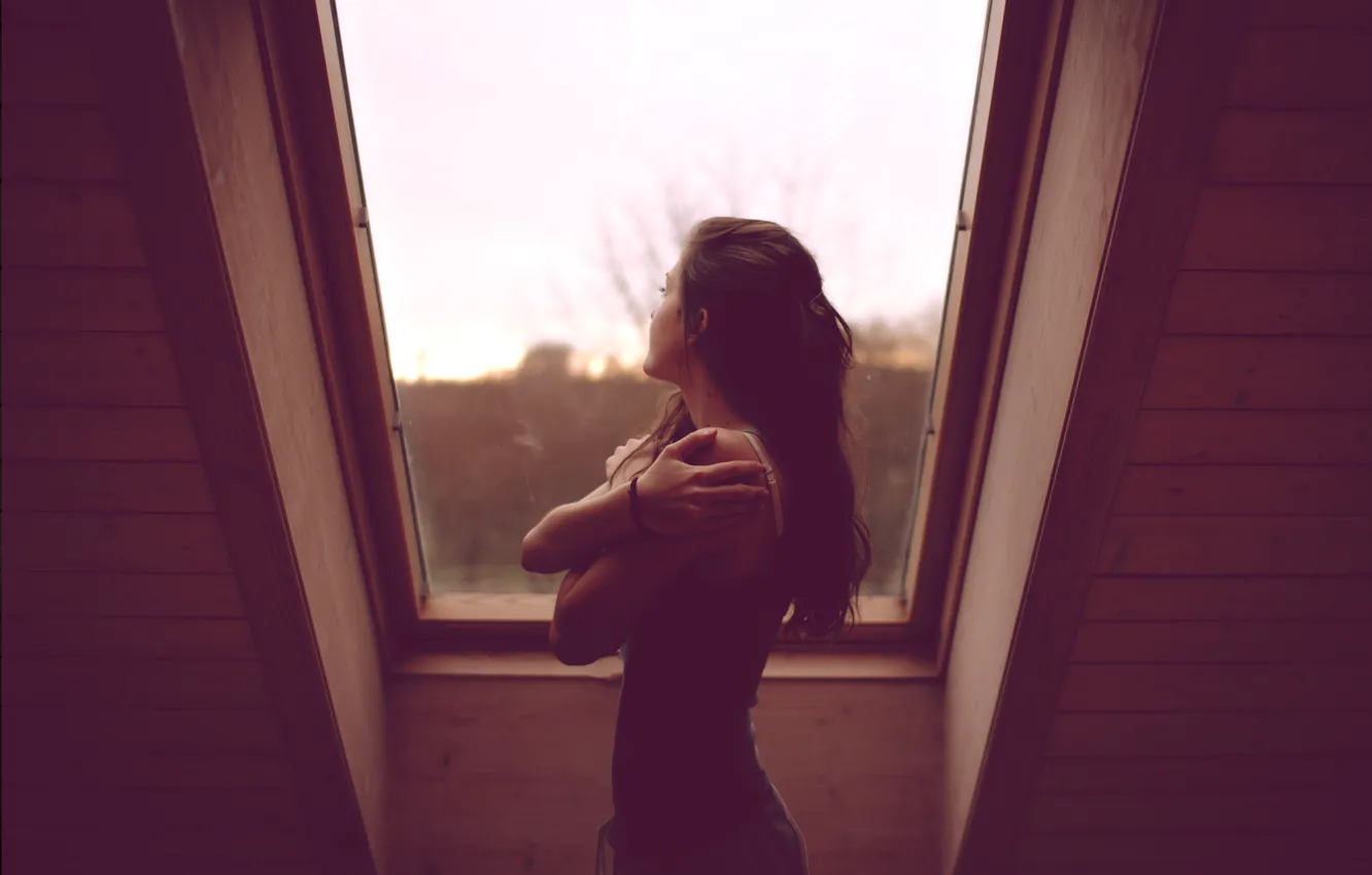 Photo wallpaper the sky, girl, back, home, brunette, window